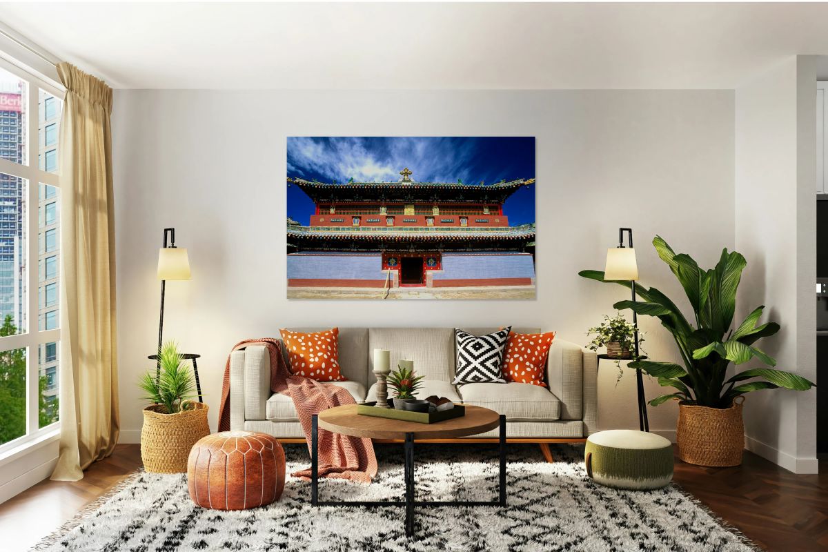 Erdene Zuu Monastery stands in Mongolia under a blue sky