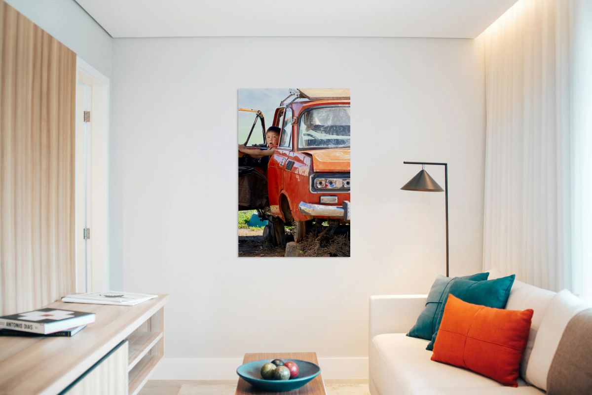Boy sits in a wrecked car in Mongolia