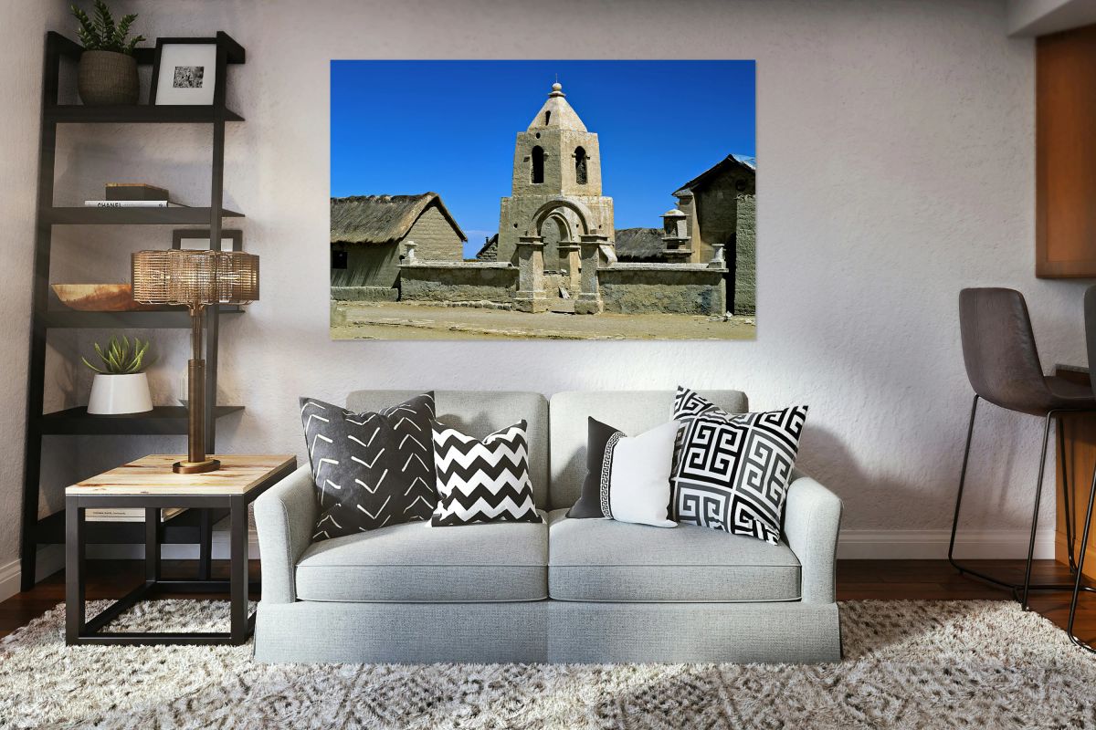 Historic adobe church bell tower in Sajama village Bolivia