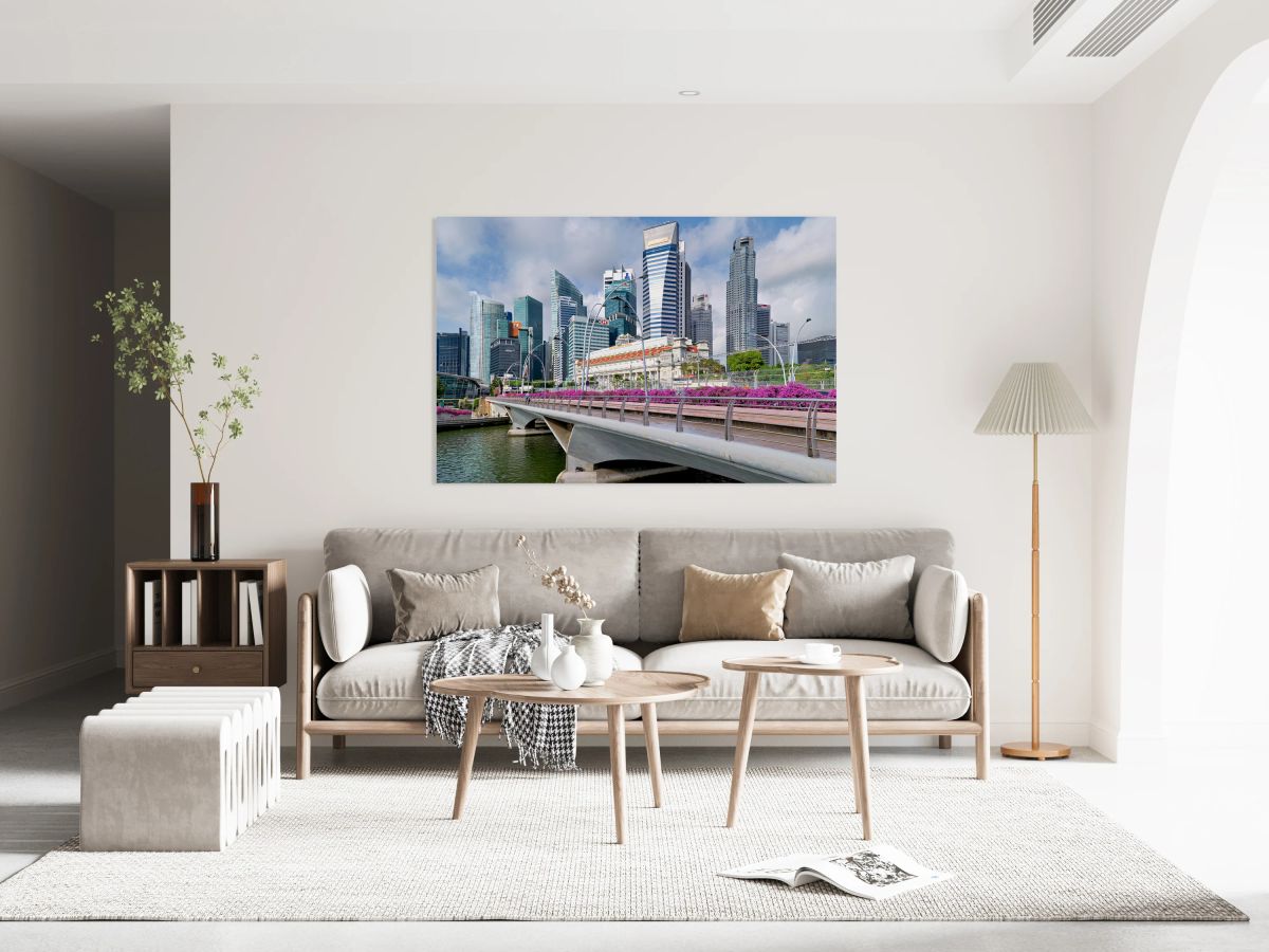 People are walking by a bridge in Singapores financial area