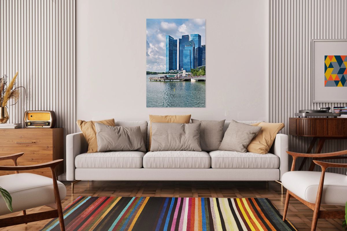 People walk near bridge in Singapore financial district with bui