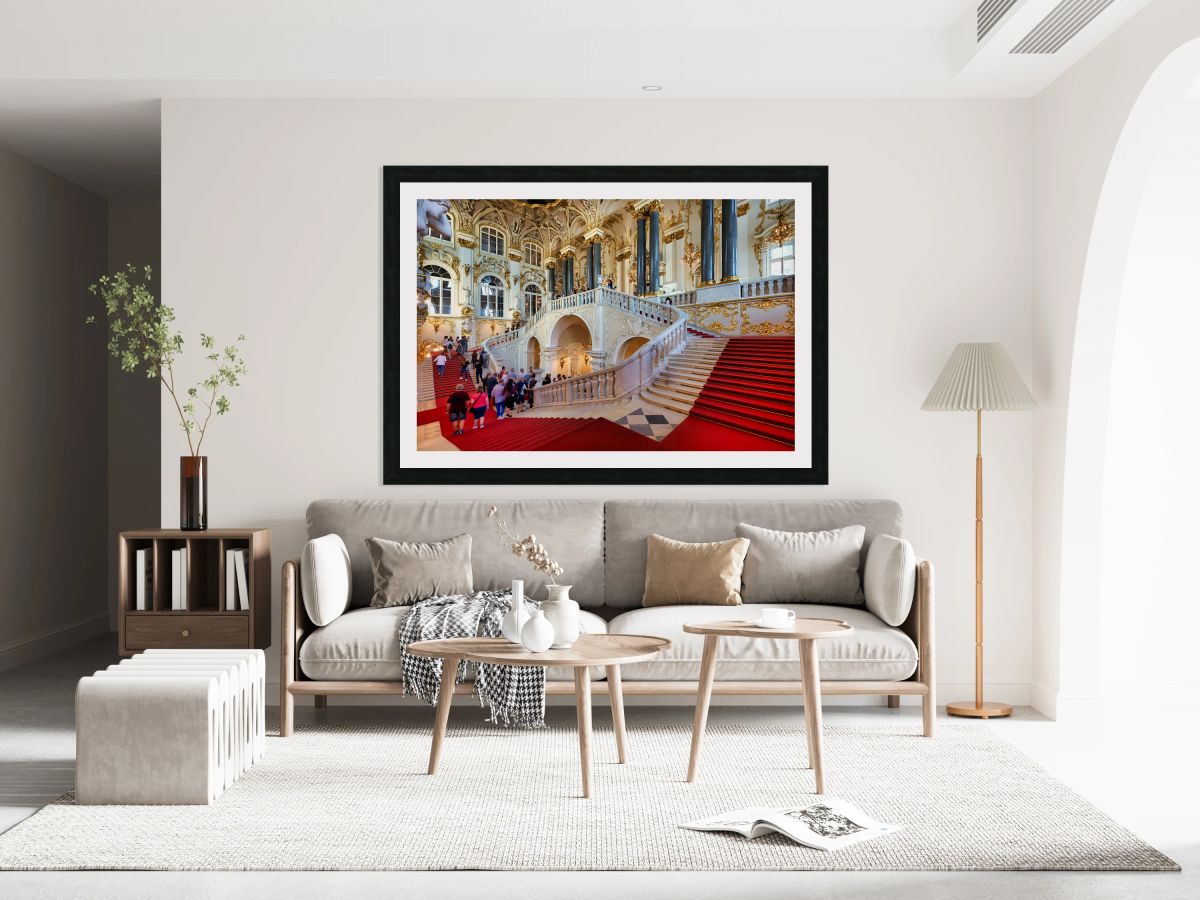 Visitors explore Jordan Staircase Winter Palace St. Petersburg