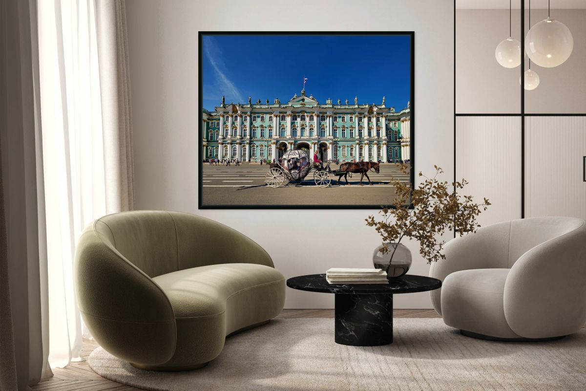 Horse carriage passes the Winter Palace in Saint Petersburg