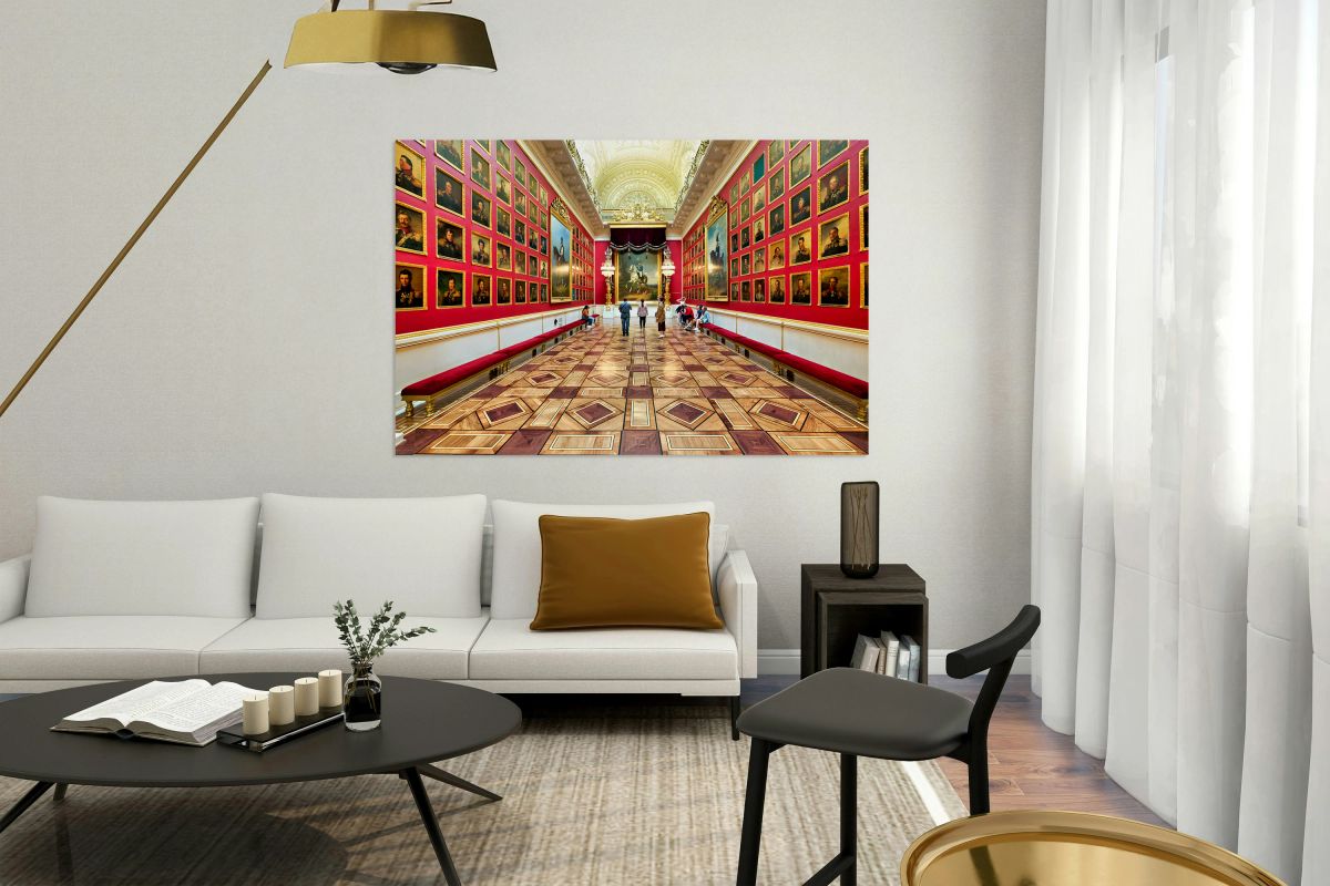 Visitors exploring the hall of portraits in Winter Palace