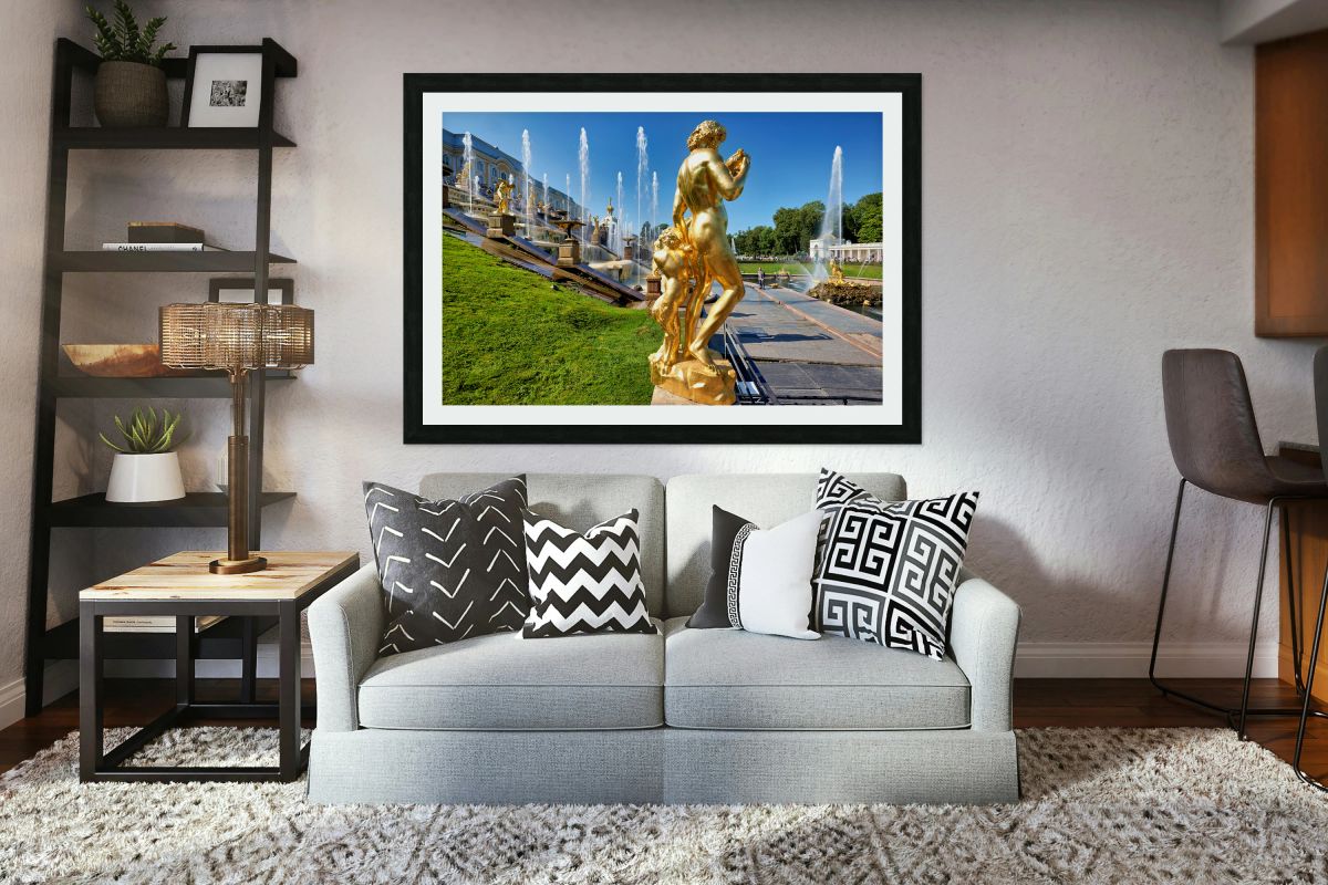 Golden statues at Peterhof Palace in St. Petersburg Russia