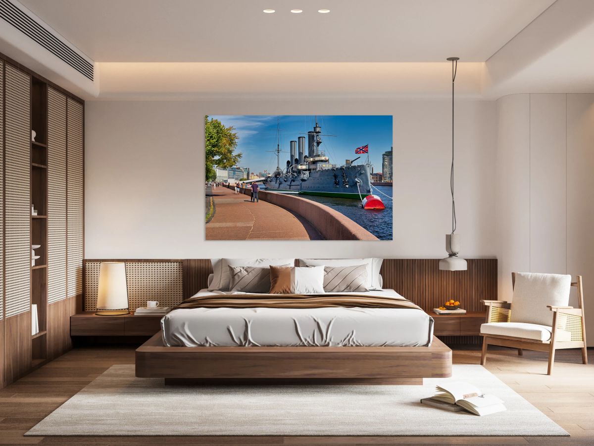 Cruiser Aurora docked on the Neva River in St. Petersburg