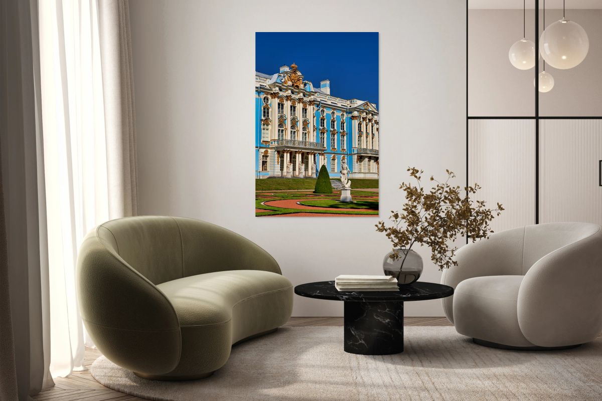 Catherine Palace in Saint Petersburg with blue facade and garden