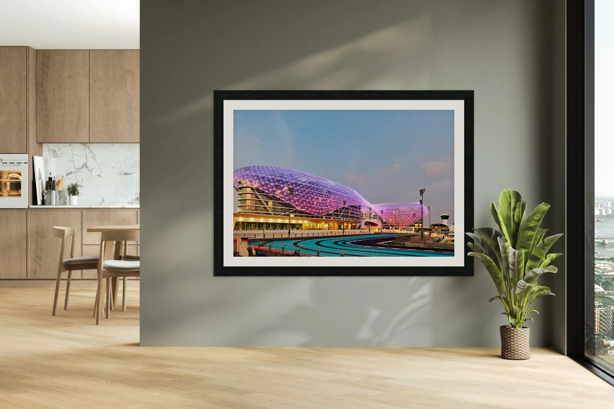 W Abu Dhabi hotel shines at Yas Island during evening time