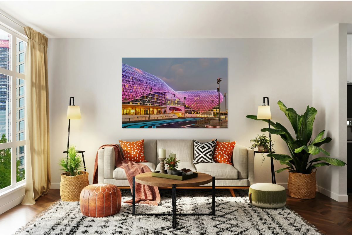 Illuminated W Abu Dhabi hotel on Yas Island at night