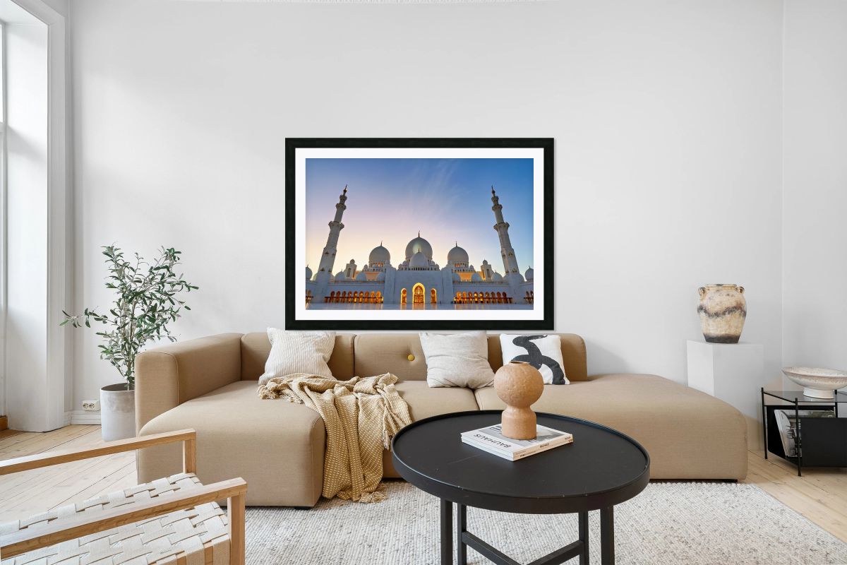 Illuminated Sheikh Zayed Grand Mosque during dusk in Abu Dhabi