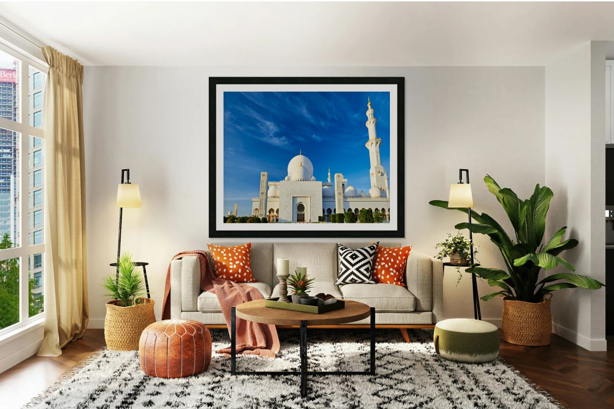 Abu Dhabi mosque stands tall under blue sky