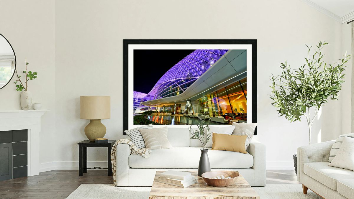 Yas Island hotel features modern architecture and night lights