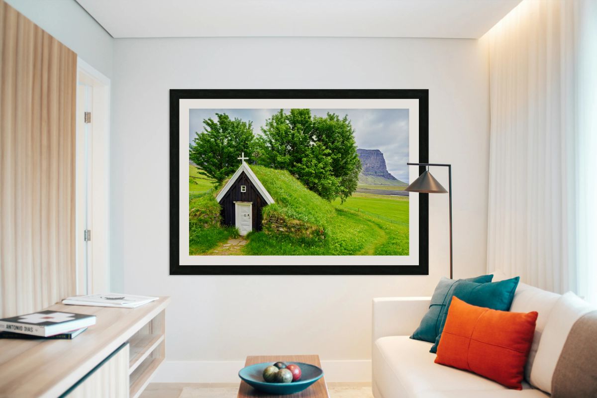 Nupsstadur turf church in Iceland on a cloudy day