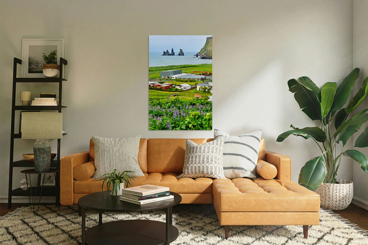 Coastline view of Reynisfjall and Vik town in Iceland
