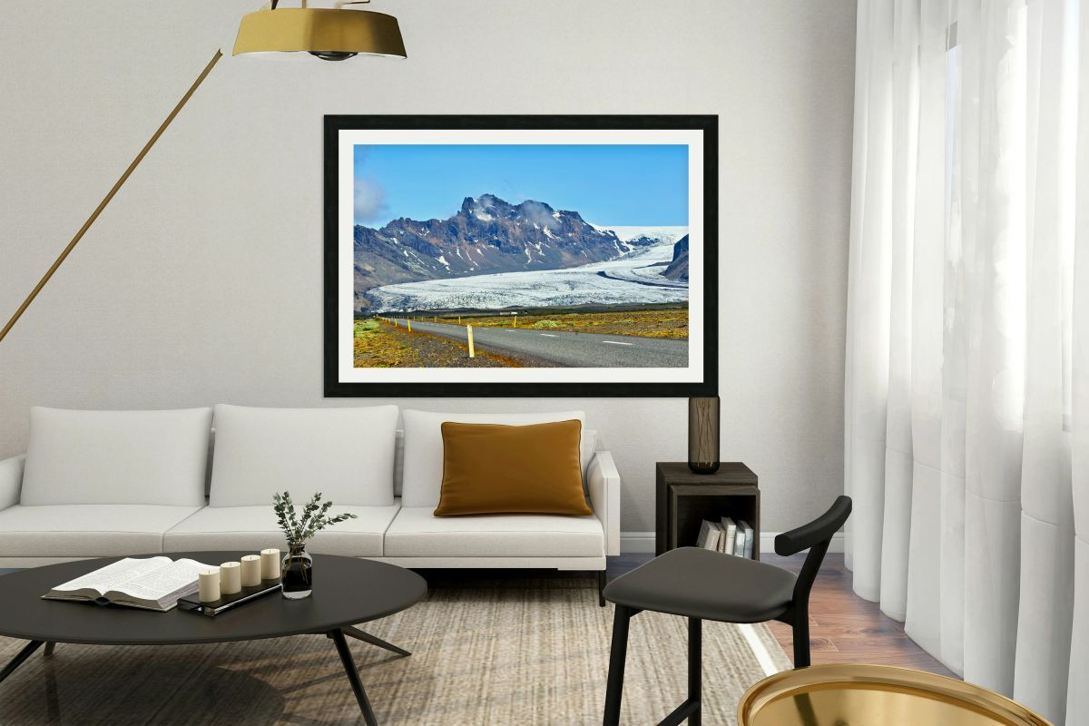 Glacier in Skaftafell Iceland with clear sky and road view