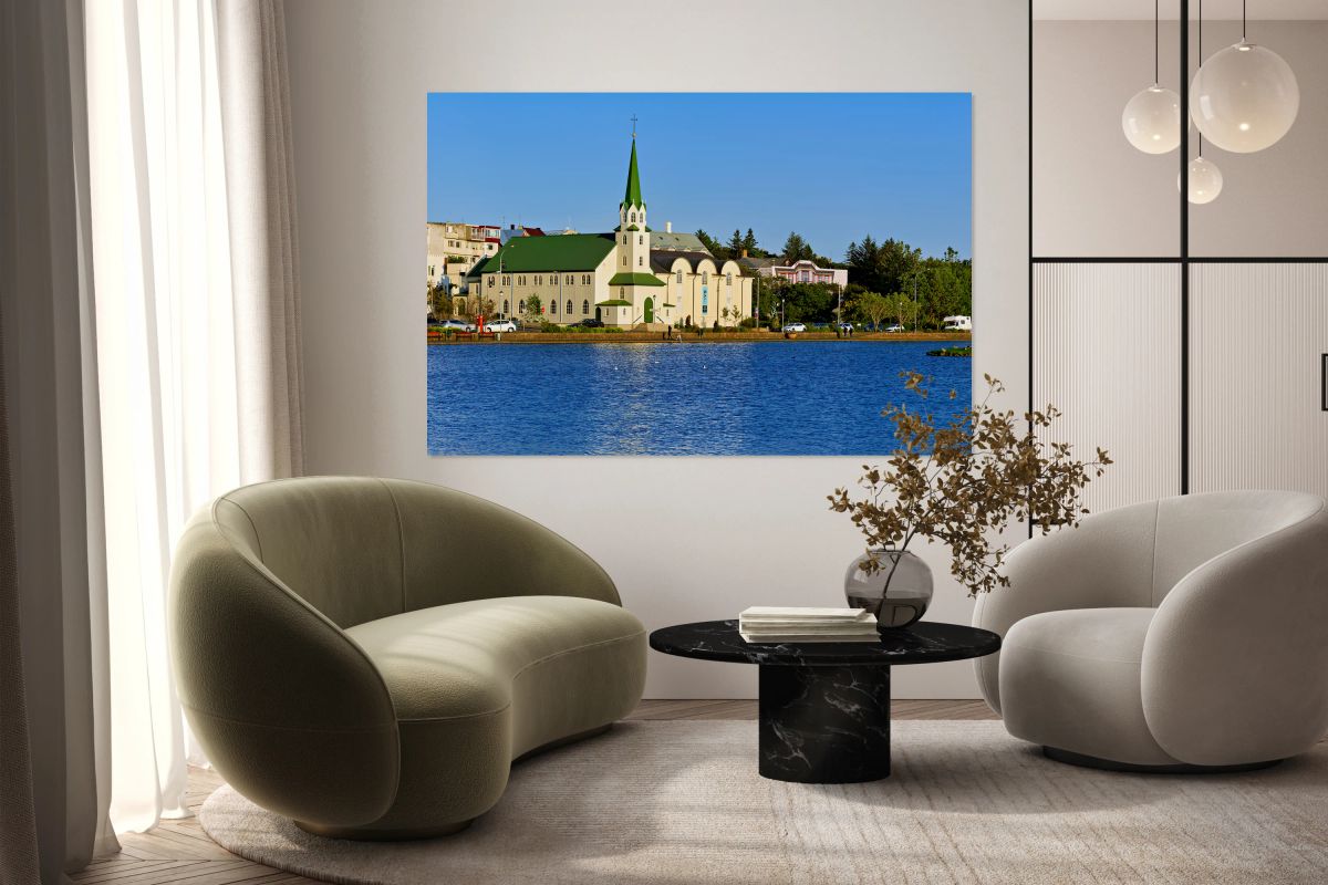 Lutheran Free Church near Lake Tjornin in Reykjavik Iceland