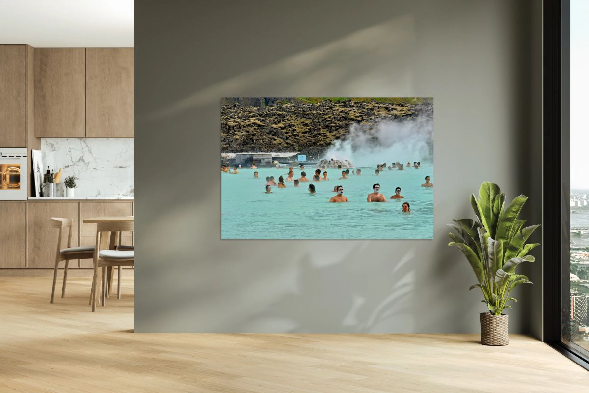 Visitors enjoy Grindaviks blue lagoon spa by day