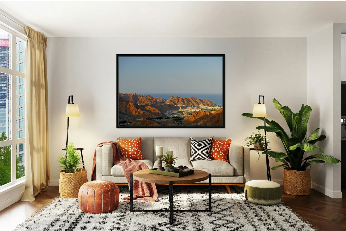 Aerial view of Muscat Oman showing mountains and sea