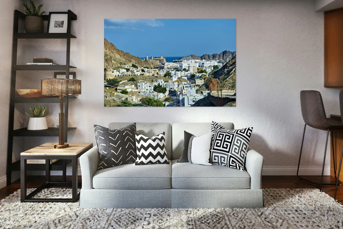 Cityscape of Muscat Oman with mountains and ocean view