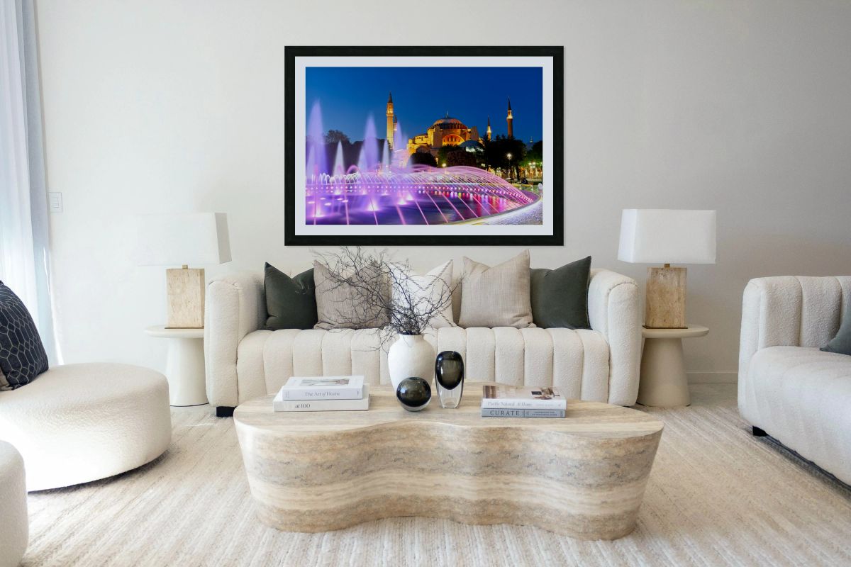 Hagia Sophia and fountain show at night in Istanbul Turkey