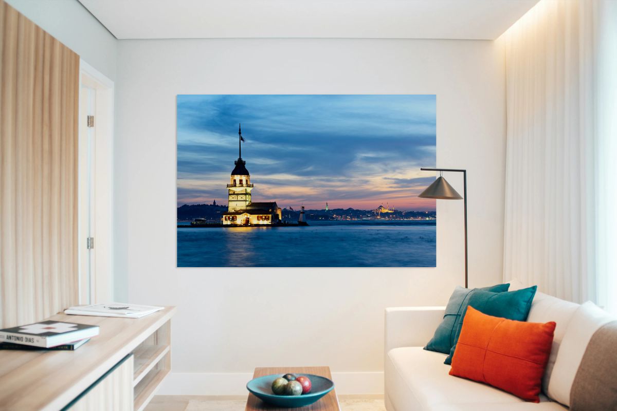 View of Maidens Tower on Bosphorus at sunset in Istanbul