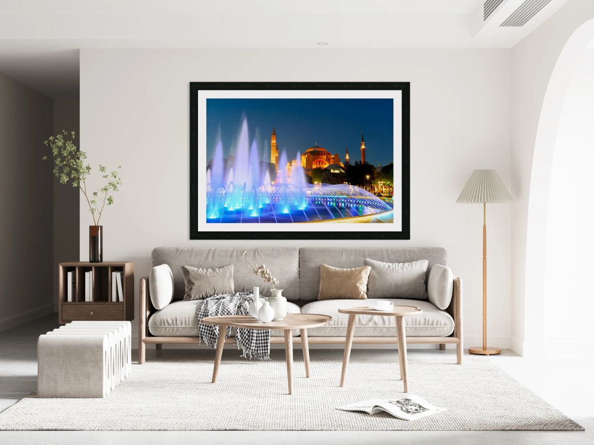 Hagia Sophia Grand Mosque at night with a fountain display