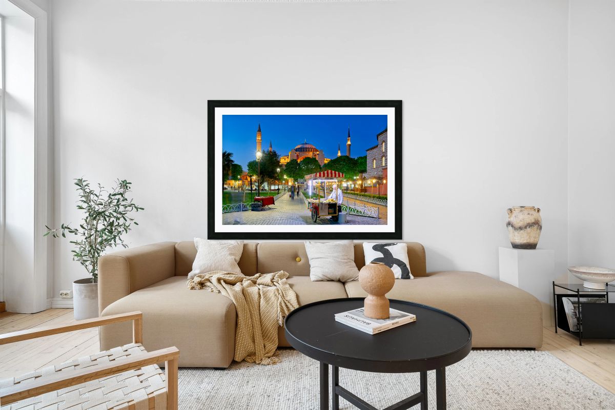 Hagia Sophia Grand Mosque at night with local vendor