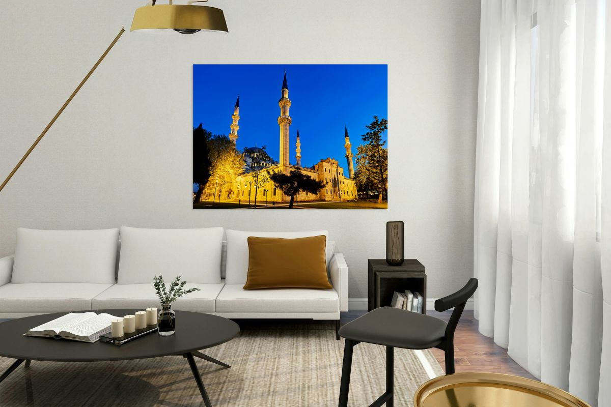 Suleymaniye Mosque is illuminated at night in Istanbul Turkey