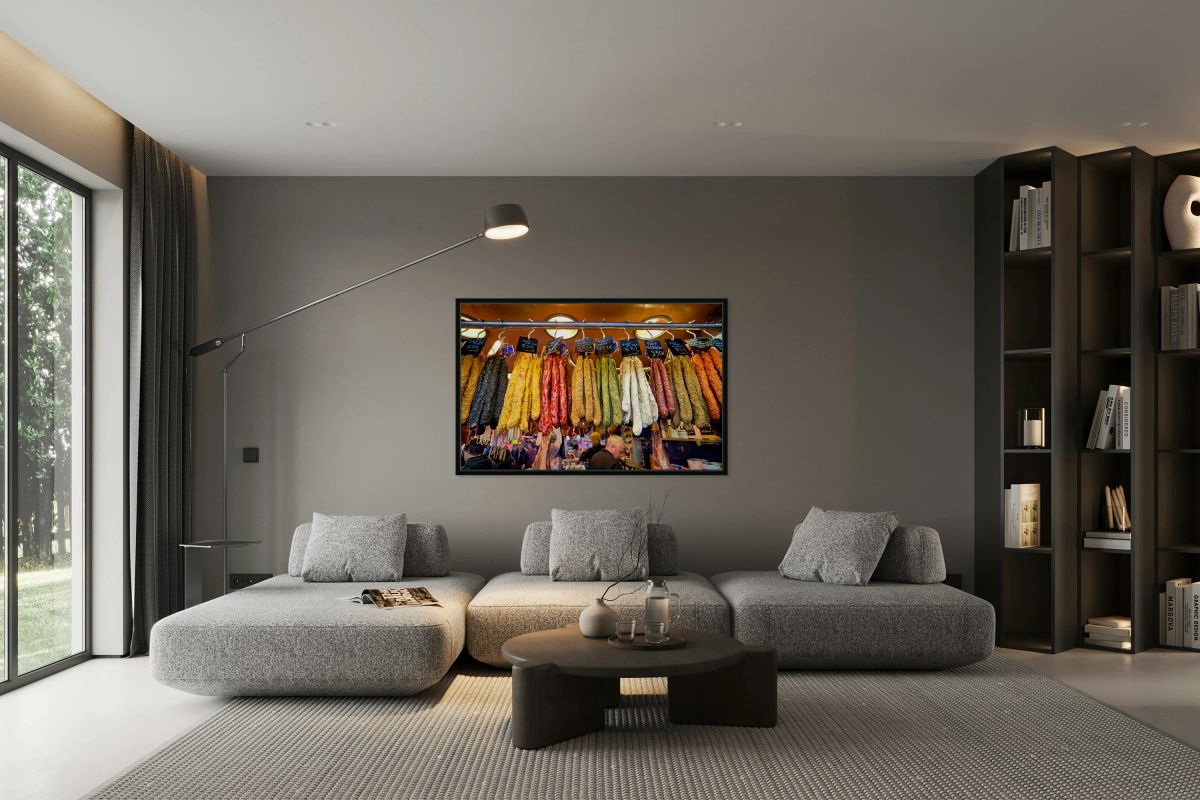 Colored sausages for sale at La Boqueria market