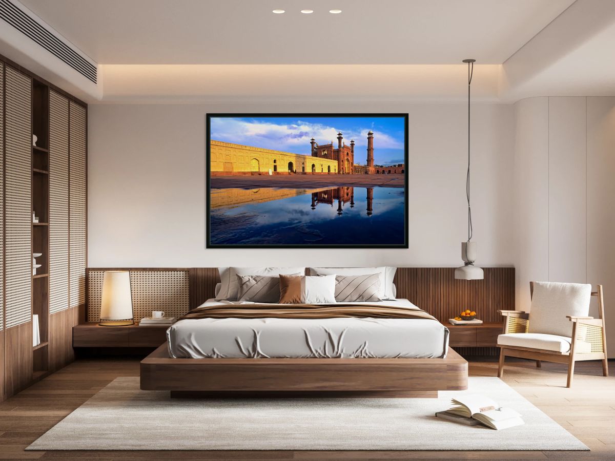 Badshahi Mosque reflects in water at Lahore Pakistan