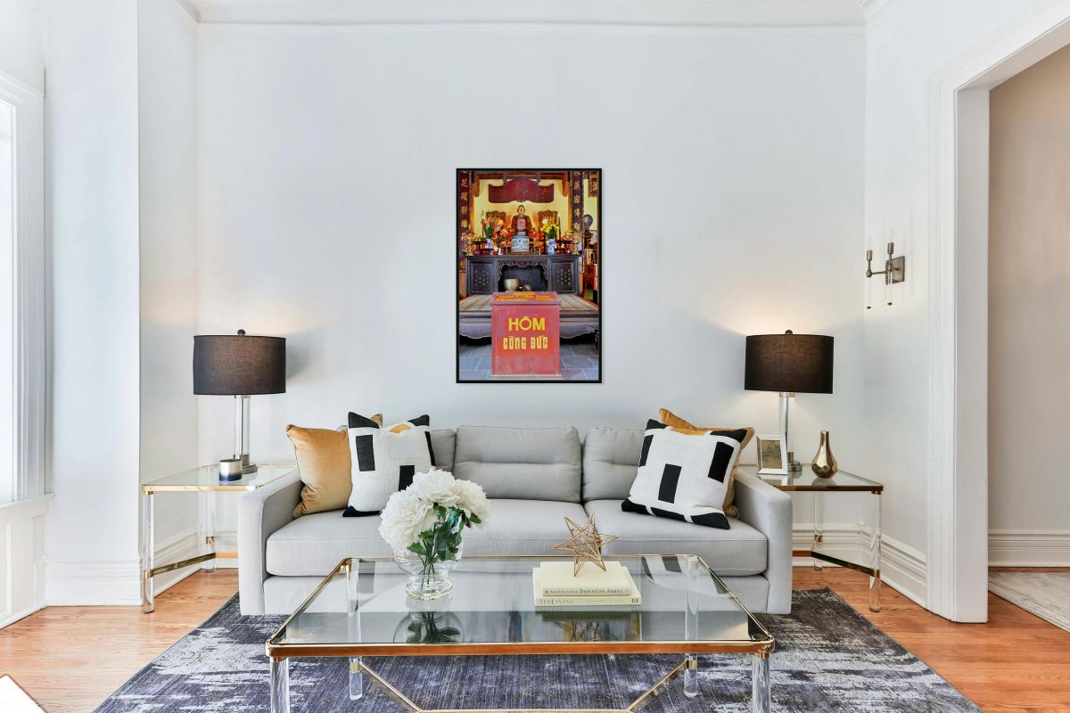 Hanoi temple with offering table and altar space for worshipers