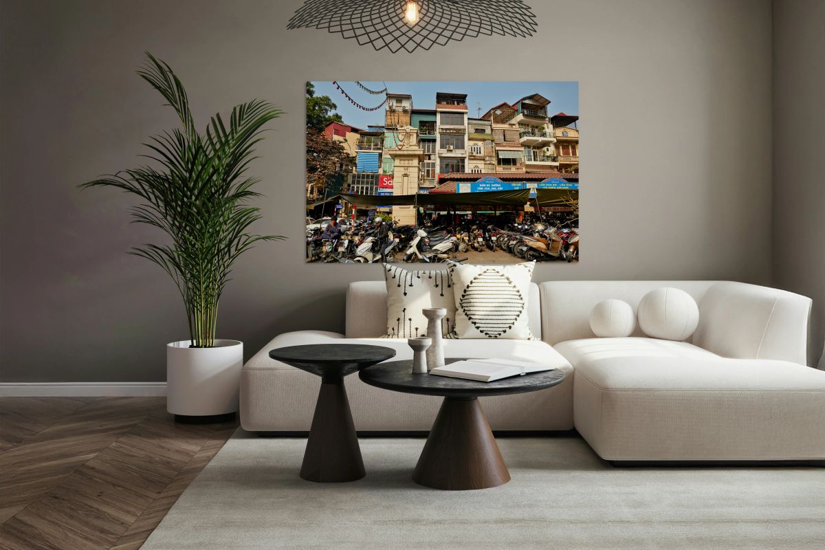 Market scene with motorcycles in Hanoi Vietnam during the day