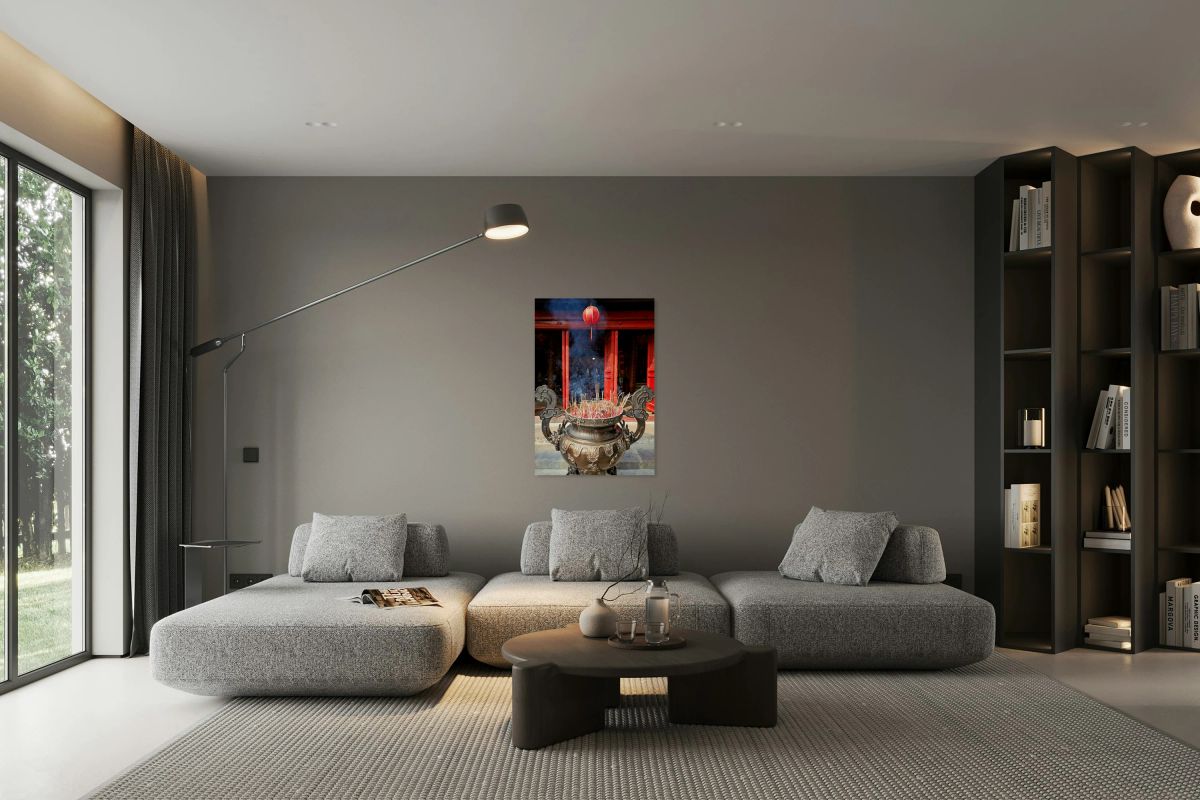 Hanoi temple features incense burner and lanterns in Vietnam