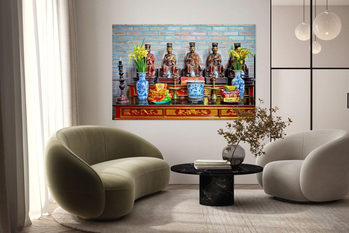 Hanoi altar with statues and offerings during local festival