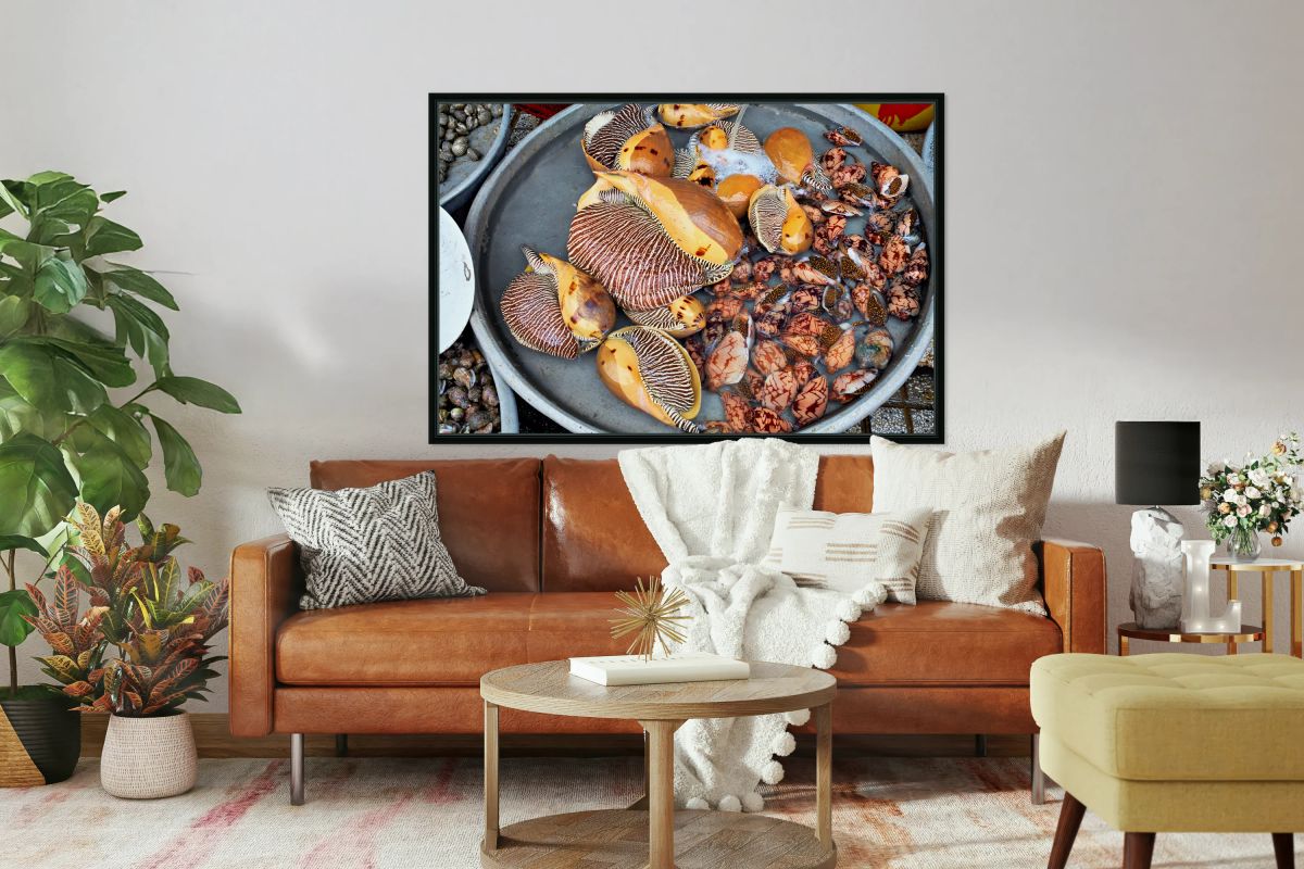 Seafood market in Phu Quoc with shells and clams for sale