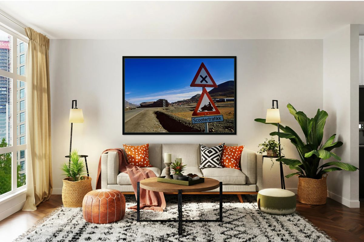 Danger sign for snowmobile traffic in Longyearbyen area