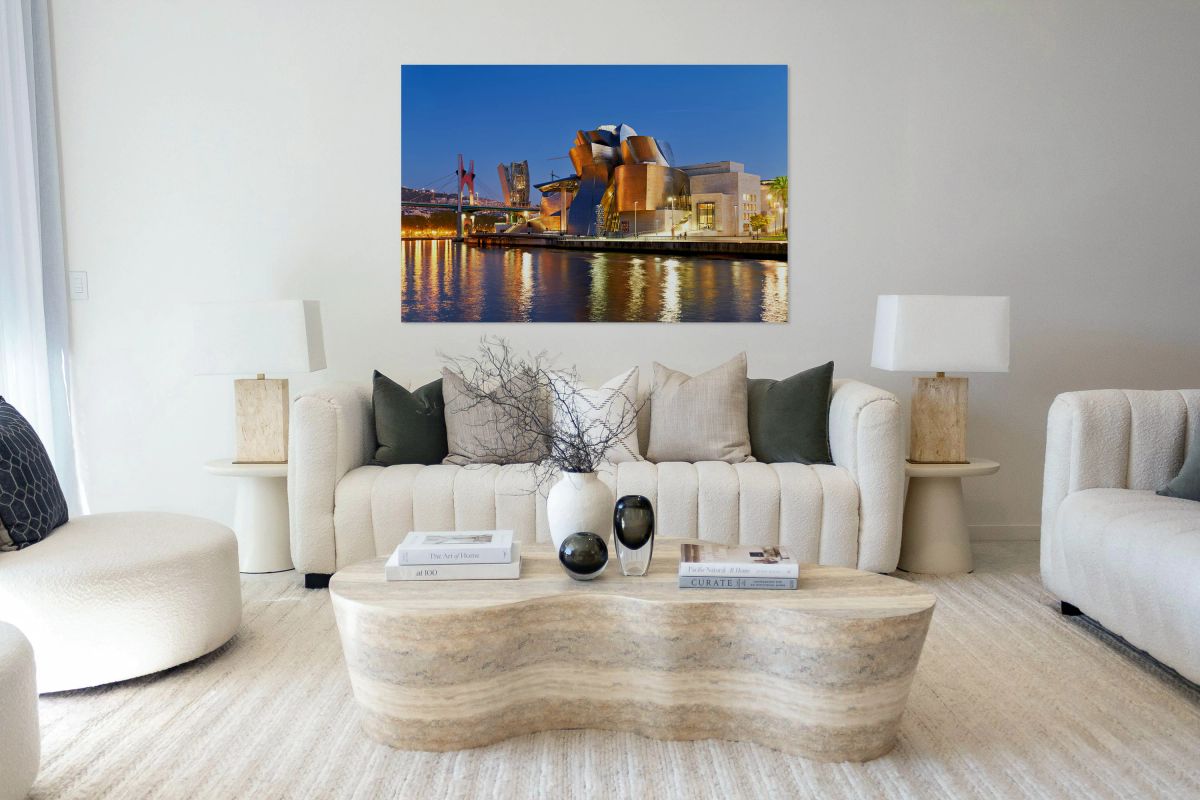 Guggenheim Museum in Bilbao at night with river view