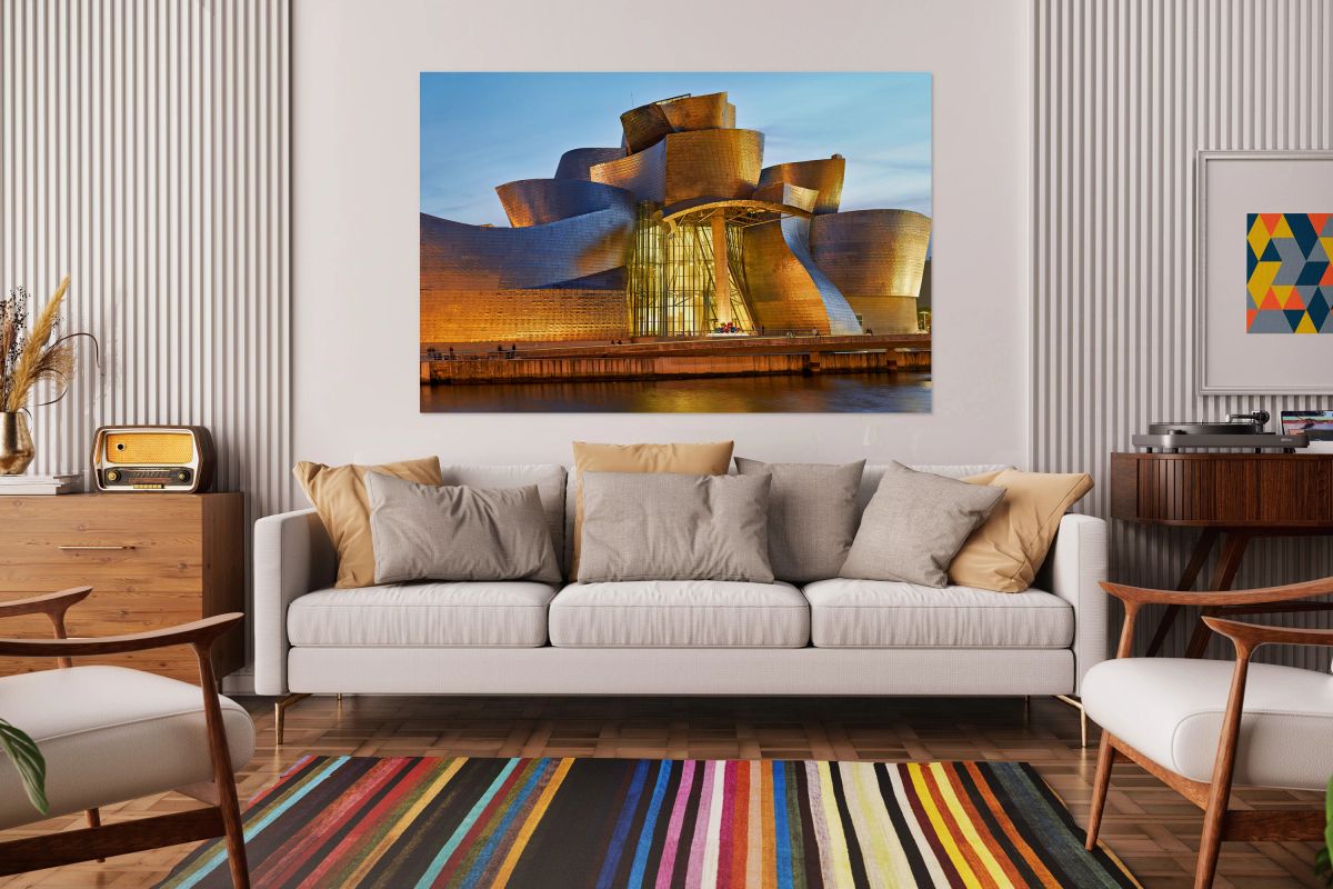 Guggenheim Museum at dusk in Bilbao Spain with lights on