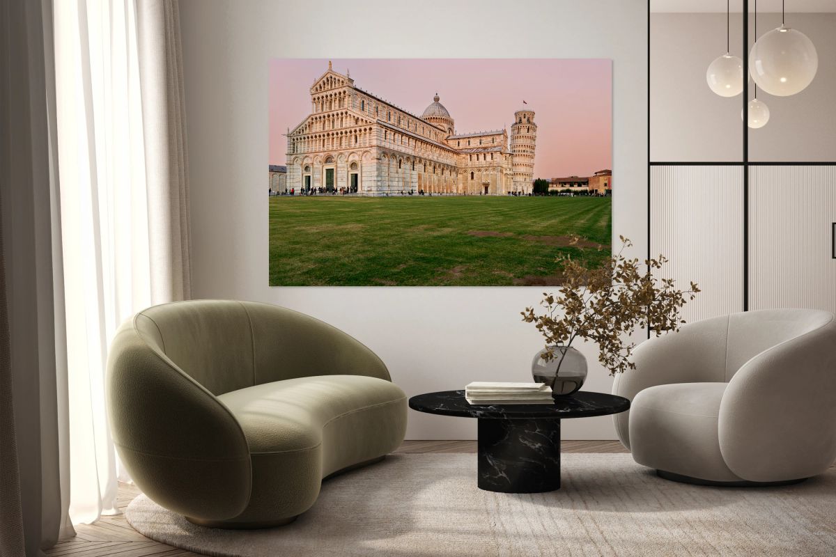 Sunset view of Leaning Tower and Cathedral in Pisa Tuscany
