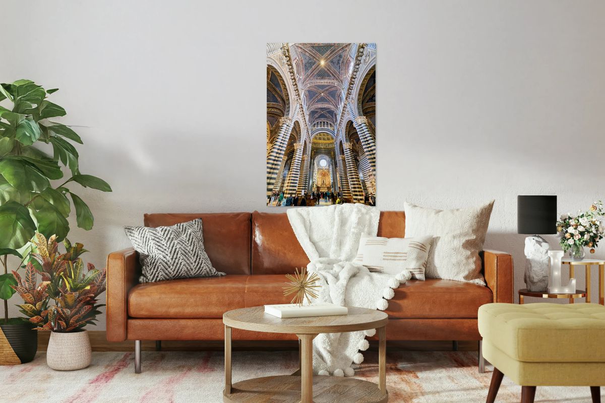 Siena Cathedral interior shows arches and visitors in Tuscany