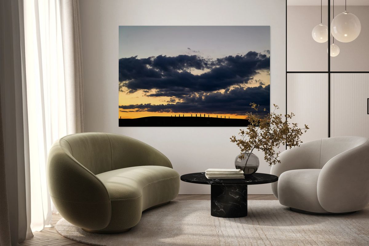 Sunset in Val dOrcia with cypresses in the background