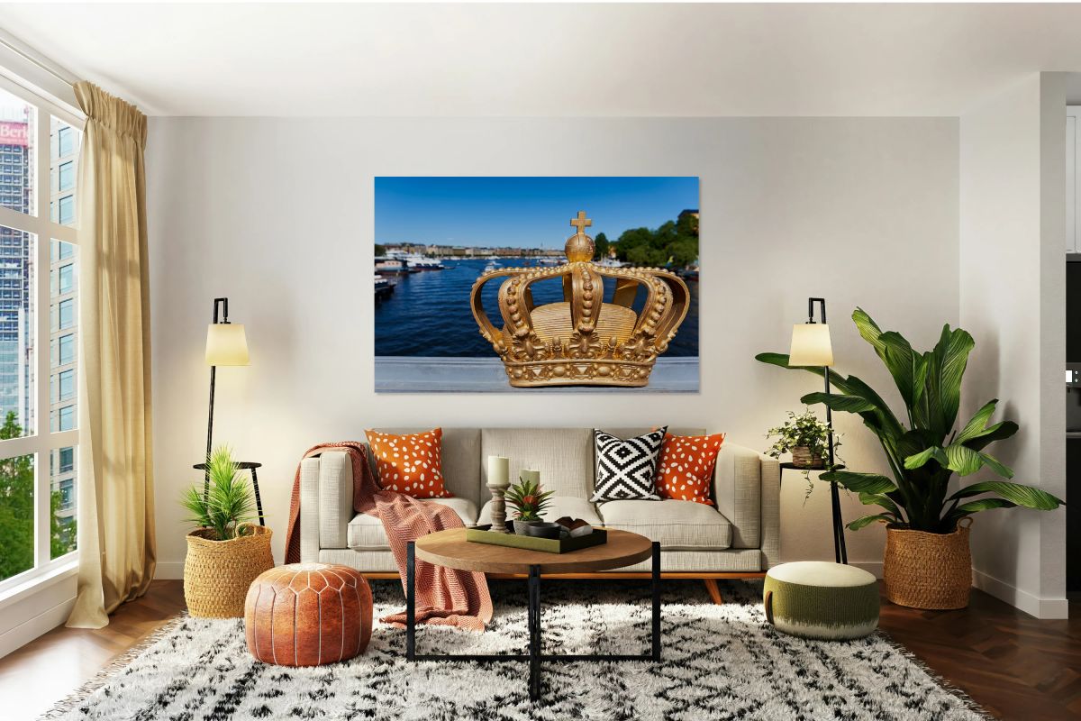 Skeppsholmsbron with golden crown in Stockholm on a clear day