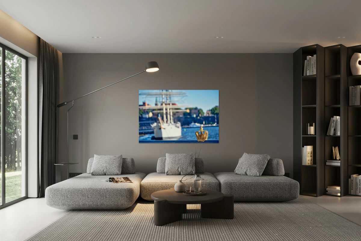 Skeppsholmsbron and its golden crown in Stockholm Sweden