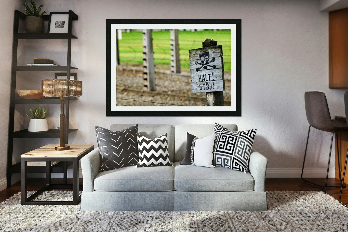 Sign marking danger at Auschwitz concentration camp in Krakow