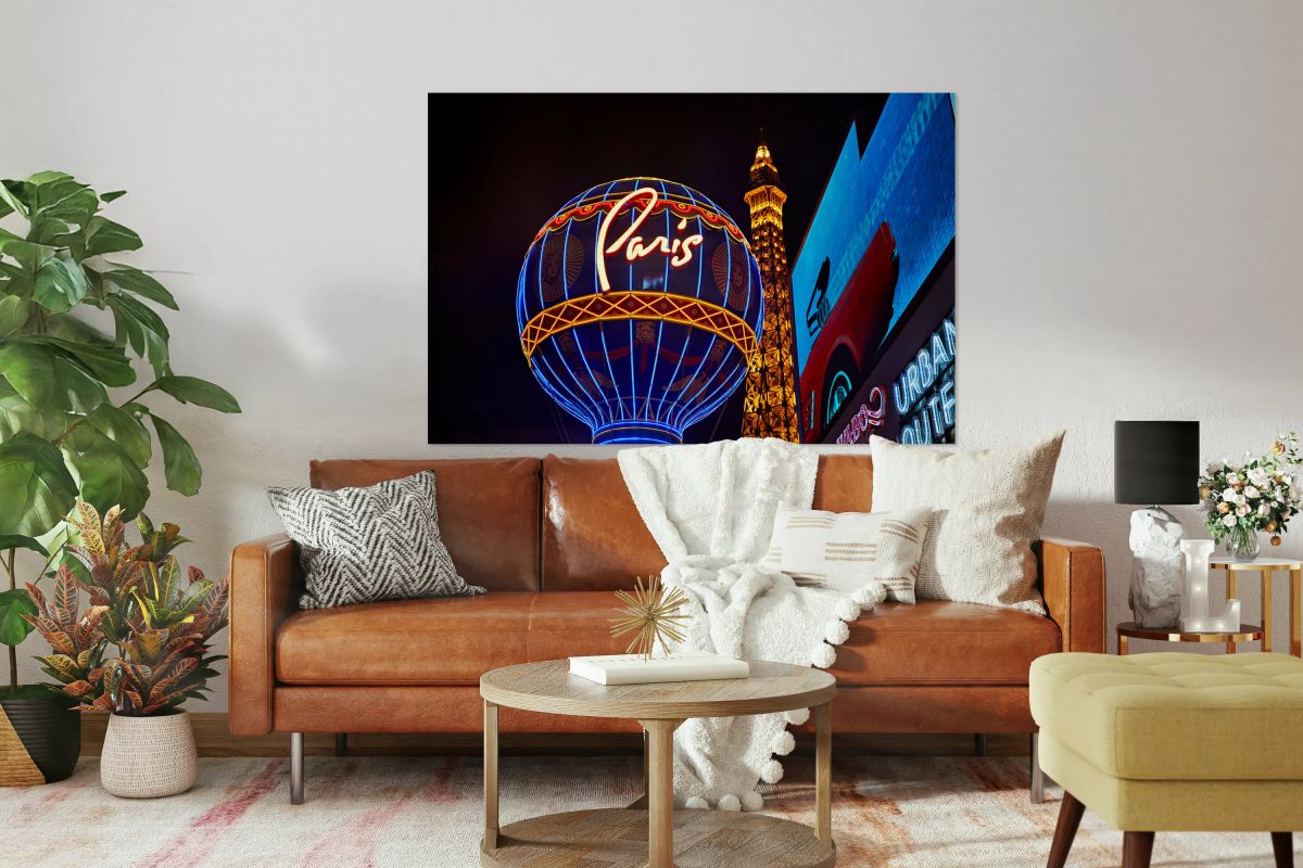 Las Vegas Strip at night with Paris balloon and Eiffel Tower