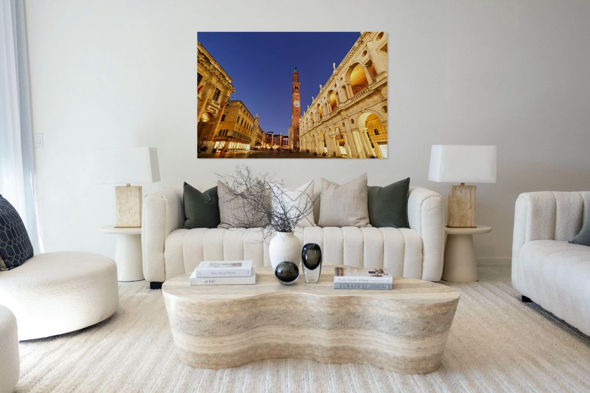 Palladian Basilica and clock tower in Vicenza at night