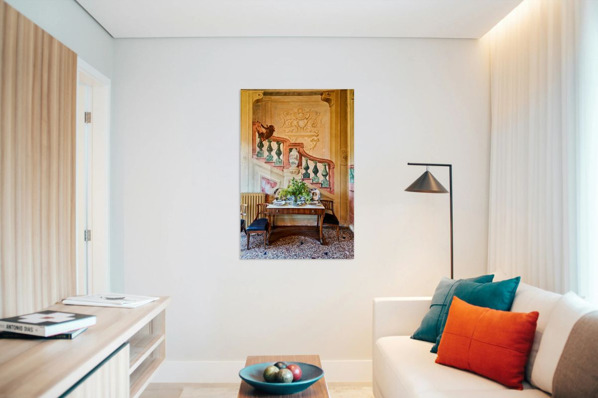 Fresco of stairs with table and flowers at Villa Valmarana