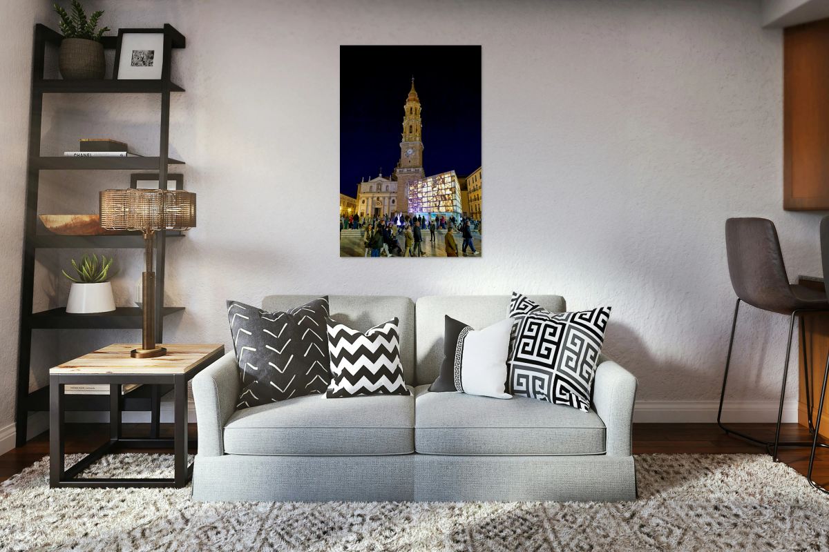 Crowd gathers at Cathedral of the Savior in Zaragoza Spain