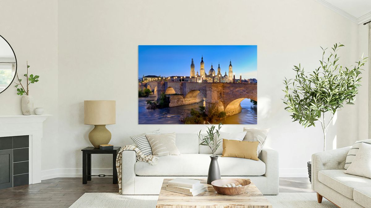 Sunset view of Cathedral in Zaragoza over the Ebro River