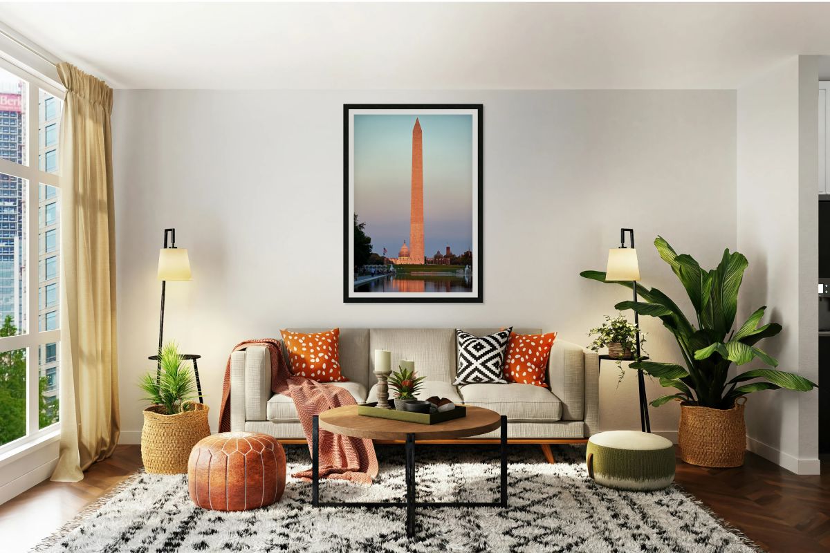 Sunset view of Washington Monument and Capitol building